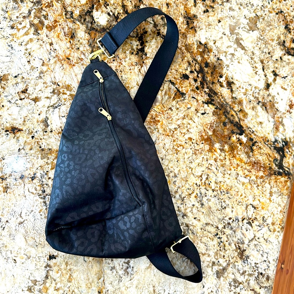 Canvelle Sling Bag Black on Black leopard print purse crossbody Gold hardware